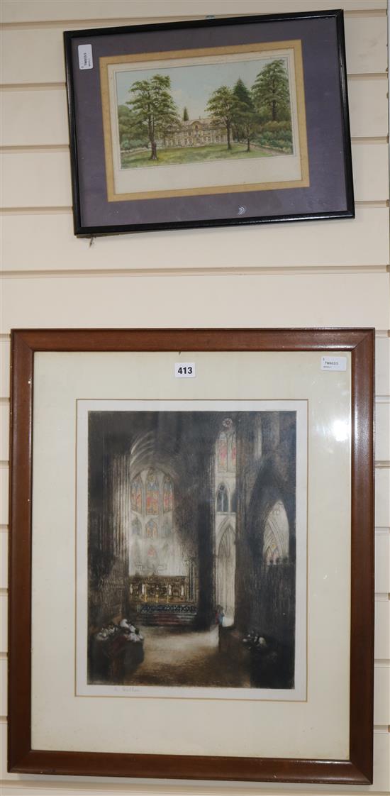 M Walker, etching with aquatint, East Choir, Westminster, signed and a watercolour by C. Howell Jones